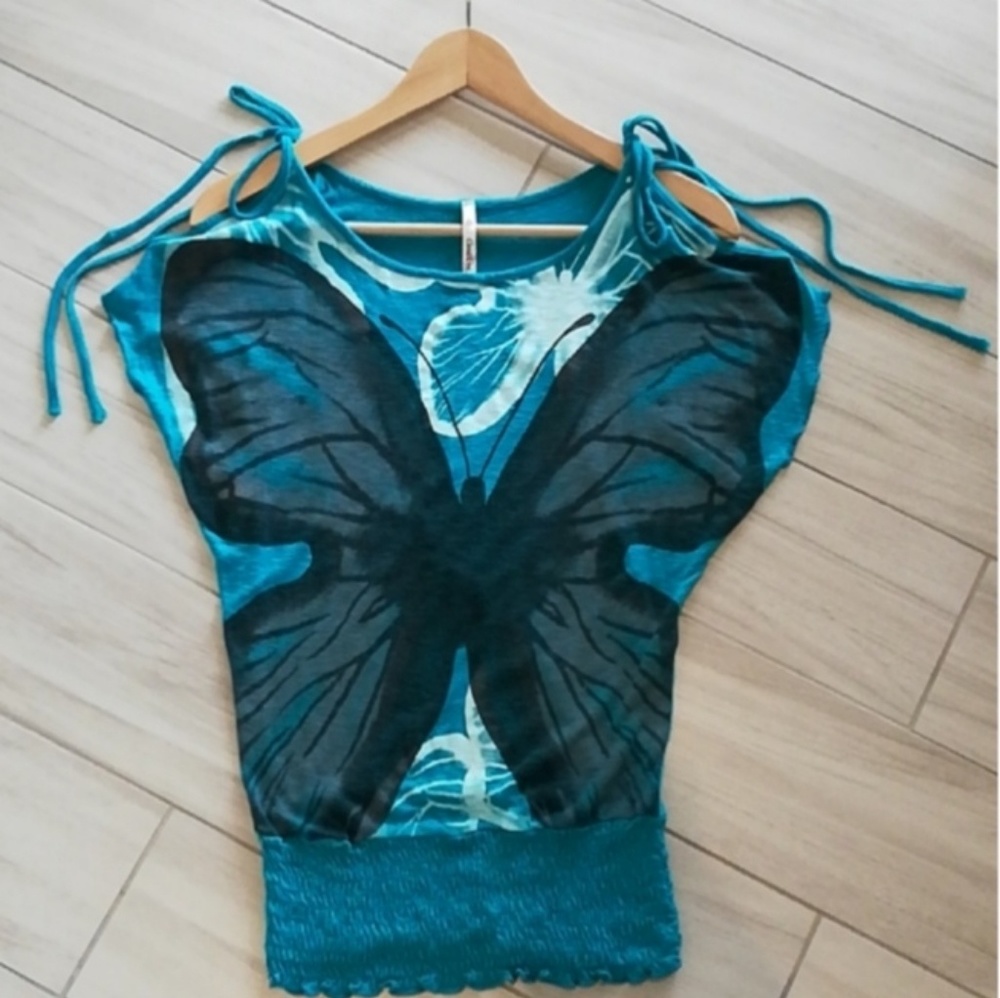 BUTTERFLY TURQUOISE OPEN SHOULDER TOP BLOUSE SMALL